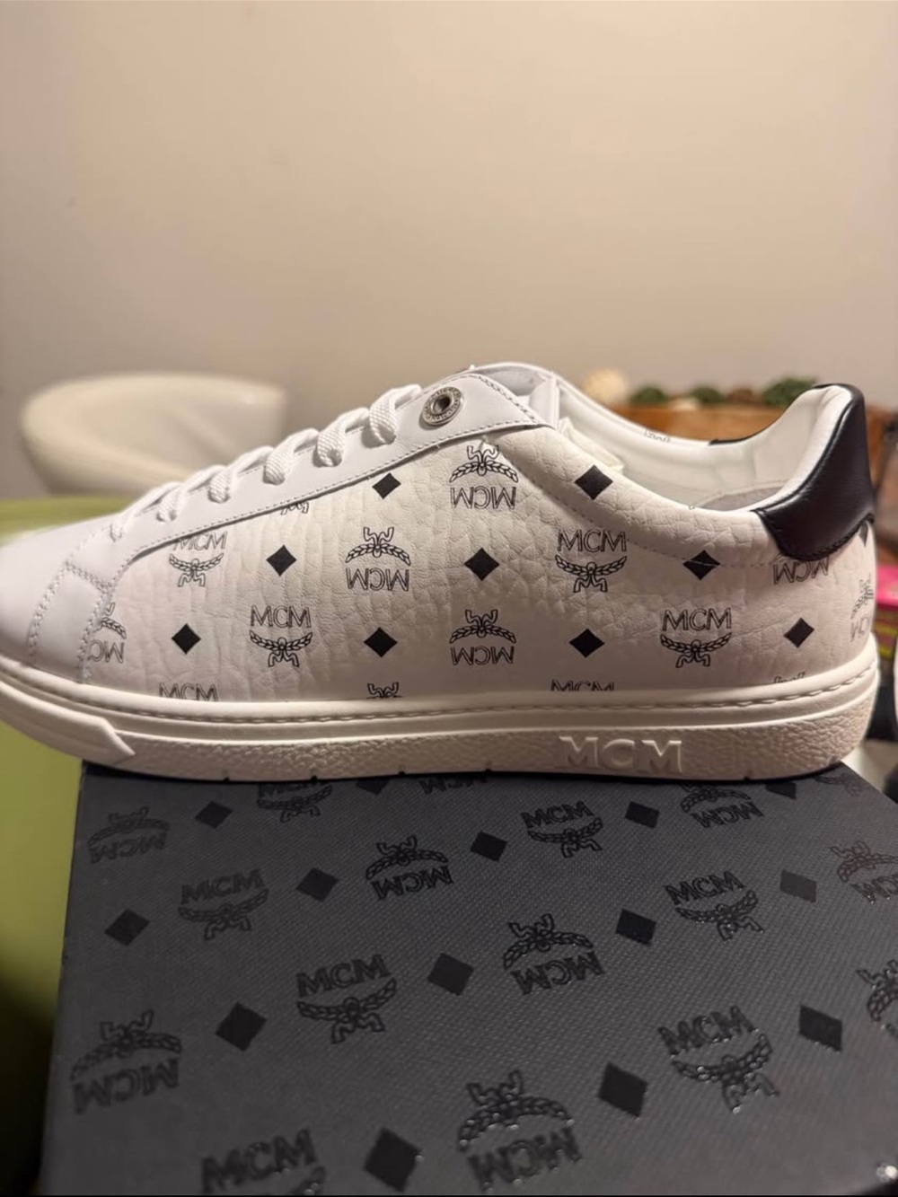 MCM White Logo-Print Kids Sneaker with Black Heel Tab